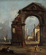 Caprice, with ruined triumphal arch and landscape of the edge of the lagoon.