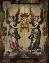 Two winged figures supporting an "H" topped with a ducal crown, between 1589 and 1600.