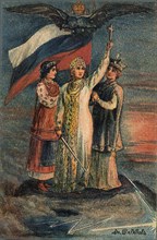 Allegory of the triune Russian nation. Postcard, 1914. Private Collection.