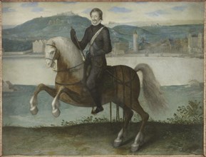 Portrait of Henri IV (1553-1610), King of France, on horseback in front of Paris, c1595.
