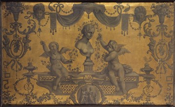 Grotesque decorative panel, two cupids crowning a bust with flowers, between 1801 and 1900.