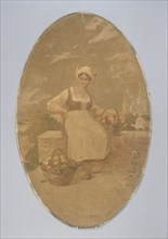 Farm worker seated near two baskets of apples. Decorative painting for the Cafe de Paris, c1900.
