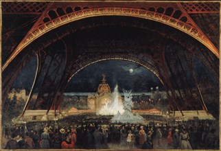 Night fete at the Universal Exhibition of 1889, under the Eiffel Tower, c1889.