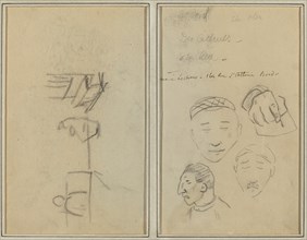 Two Figures and a Bench; Three Studies of Men's Heads and One of a Hand [recto], 1884-1888.