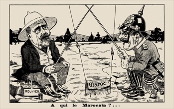 A qui le Marocain? (Who owns the Moroccan?) French anti-German postcard on the first..., 1906. Creator: Anonymous.
