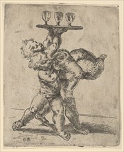 Two naked boys carrying a third who supports a tray with three goblets, after Reni, ca. 1600-1640.