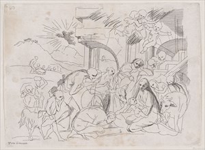 The adoration of the shepherds who gather at left, angels holding a banderole upper right, 1700-1800.