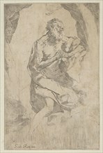Saint Jerome kneeling on a rock in front of a cross and an open book facing right, after Reni, ca. 1600-1640.