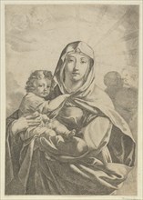 The Virgin standing facing front and holding the infant Christ, angels behind them in the clouds, ca 1700-1800.