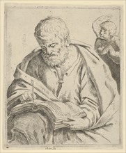 Old man seated and writing in a book, an angel at right looking over his shoulder, after Reni (?), 17th century.