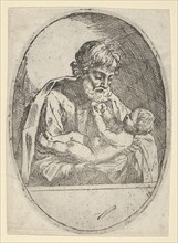 Saint Joseph holding the infant Christ, who raises up his hands, an oval composition, after Reni, ca. 1600-1660.