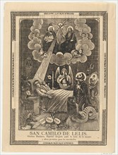 Broadsheet with Saint Camilo de Lelis in bed surrounded by demons, priests and the Holy Trinity above, ca. 1900-10.
