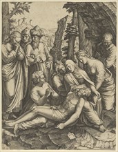 The lamentation of the dead Christ who is supported by the Virgin Mary and surrounded by other figures, ca. 1520-60.