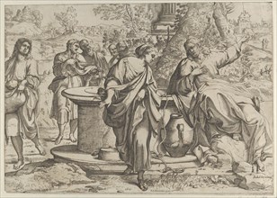 The Samaritan woman standing at the well, Christ seated next to her pointing to the right, after Annibale Caracci, 1610.