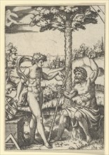 Seated old shepard gesturing towards the sky and speaking to nude male surrounded by tools of measurement, ca. 1500-1600.