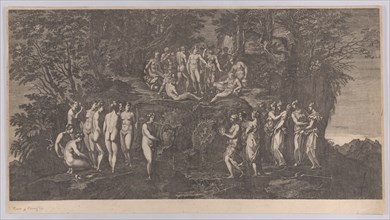 The musical contest between the Muses on one side and the Pierides on the other, judged by the gods of Olympus, 1750-1850.