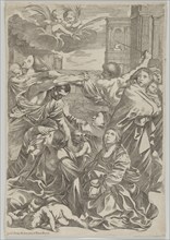 Massacre of the Innocents; group of women and children being attacked, two angels at upper left, after Reni, ca. 1640-1700.