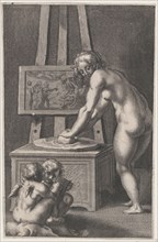 Pictura: allegory of painting, with a nude woman at center grinding pigments, two putti drawing at lower left, ca. 1610-50.