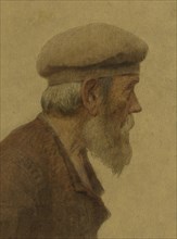 La Bouchée de pain : vieil homme de profil, coiffé d'un béret, mains dans les poches, c.1904.