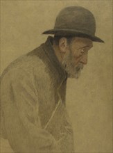 La Bouchée de pain : vieil homme coiffé d'un chapeau melon, une besace en bandoulière, c.1904.
