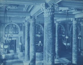 Willard Hotel, view of lobby ceiling, chandeliers and columns, between 1901 and 1910.
