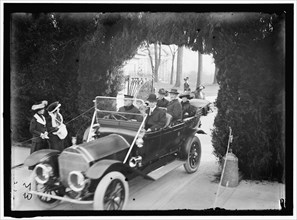 President Woodrow Wilson and wife Ellen Axson Wilson leaving the White House by car, Washington, D.C.