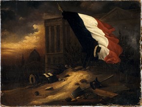 Temporary tomb of victims from July 1830 days, in front of the colonnade of the Louvre, 1830.