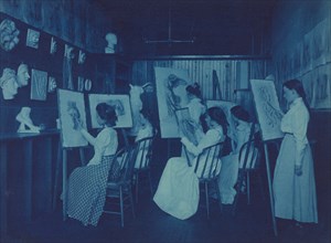Eastern High School, Washington, D.C. - 6 girls in art class, drawing at easels, (1899?).