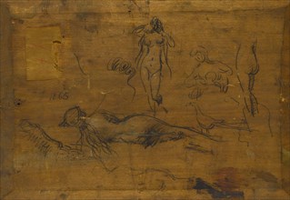 Fillette au ruban bleu (recto) / Cinq études de nus, un paon et une tête de profil (verso), 1865.