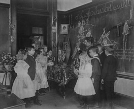 Teacher showing students Native American handicrafts at a school in Washington, D.C., (1899?).