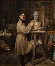 Jean-Pierre Dantan (1800-1869), in his studio, modelling the bust of Lepaulle, c1835.