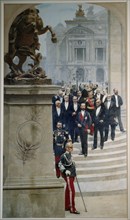 President Sadi Carnot surrounded by personalities from the Third Republic, in front of the Opera, c1889.