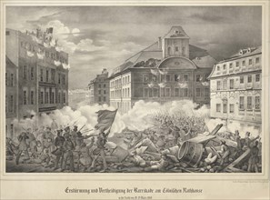 Fighting on the barricade at the Köllnische Rathaus (Cölln Town Hall) in Berlin...March 18-19, 1848. Creator: Anonymous.