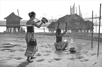 'Fisher Girls of the Irrawaddy making nets', 1886.  Creator: Unknown.