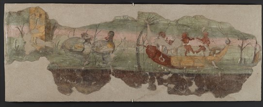 Nilotic landscape scene with pygmies and phallic boat, 1st century. Creator: Roman-Pompeian wall painting.