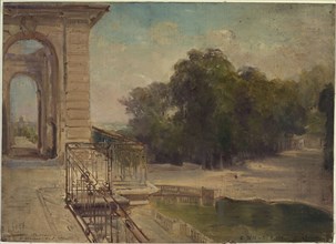 Ruins of the Château de Saint-Cloud: the horseshoe basin seen from the first floor balcony, c1875.