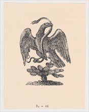 An eagle resting on a cactus holding a snake in its beak (from the Mexican coat of arms), ca 1900-1910.