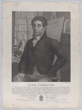 Portrait of Luigi Lagrange, seated with an easel behind him at right with a mathematical equation, 1827.