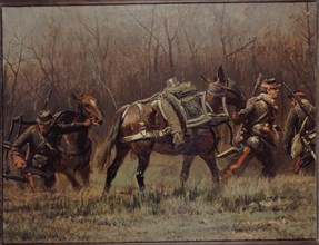 Military scene: mobile units leading ambulance mules (fragment of the panorama of Champigny), 1881.