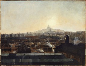Les Voies de la gare du Nord, les toits de l'hôpital Lariboisière et la colline de Montmartre, vers 1895, c1895.