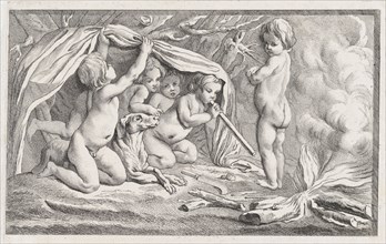 Nude children and a dog warming themselves by a fire; an allegory of Winter, after a..., after 1745. Creator: Anon.