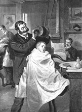 'His First Visit to the Barber's--'Hard or Medium, Sir?' ', 1890. Creator: Unknown.