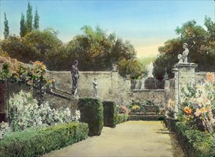Reproduction of illustration showing a garden with statues, between 1915 and 1925. Creator: Frances Benjamin Johnston.