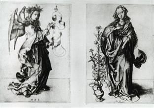 Reproduction of print showing: Madonna and Archangel Gabriel , between 1915 and 1925. Creator: Martin Schongauer.
