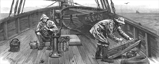 'Long-line fishing in the North Sea, on deck baiting the lines', 1886.  Creator: Unknown.