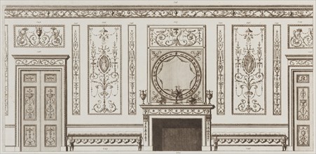 Interior design of wall with door, fireplace, panels and benches (in "Designs for Various Ornaments," pl. 52), 1784.