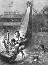 ''Water - Tobogganing- A novel Amusement; after Sydney P. Hall', 1890. Creator: Unknown.
