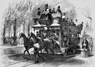 'Railway Omnibus on the Cours la Reine, Paris; Railways upon ordinary roads', 1854. Creator: Unknown.
