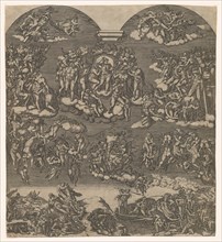 The Last Judgment, Christ at top center surrounded by many figures, below figures..., ca. 1550-1600. Creator: Anon.