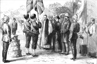 'Lady Dufferin Presenting New Colours to the 18th Bengal Infantry at Alipur', 1886.  Creator: Unknown.